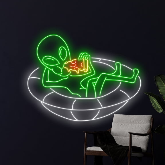 Handmadetneonsign Alien Eating Pizza Neon Sign, Custom Alien Neon Light, Alien Eats Pizza Led Light