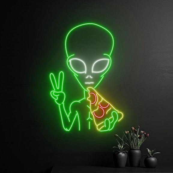Handmadetneonsign Alien Eating Pizza Neon Sign, Pizza Alien Neon Light, Alien Eats Pizza Led Light, Wall Décor