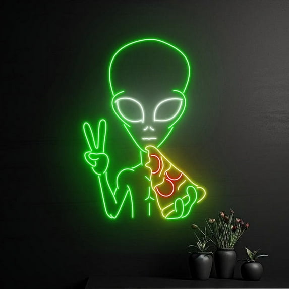 Handmadetneonsign Alien Eating Pizza Neon Sign, Pizza Alien Neon Light, Alien Eats Pizza Led Light, Wall Décor