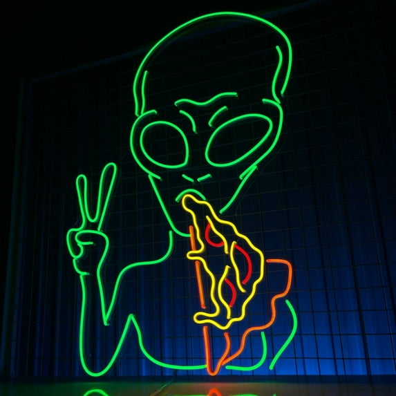 Handmadetneonsign Alien Hello With Pizza Neon Sign, Pizza Store Wall Art Decor, Home Bar Pub Wall Decor
