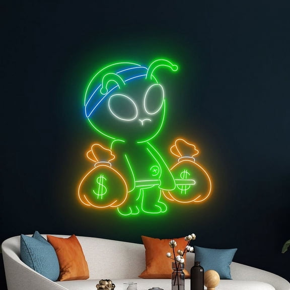 Handmadetneonsign Alien Lifting Money Bag Neon Sign, Alien Lifting Money Bag LED Light, Alien Sign