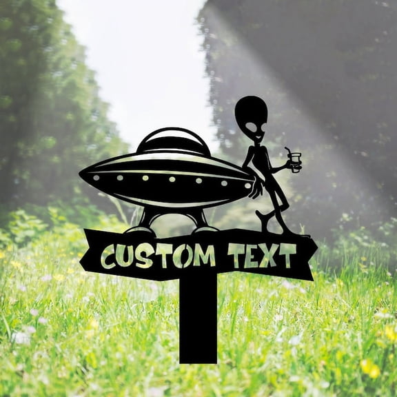 Handmadetneonsign Alien UFO Memorial Metal With Stake, Alien UFO Metal Name Sign Stake, Alien Metal Stake Decor 45793