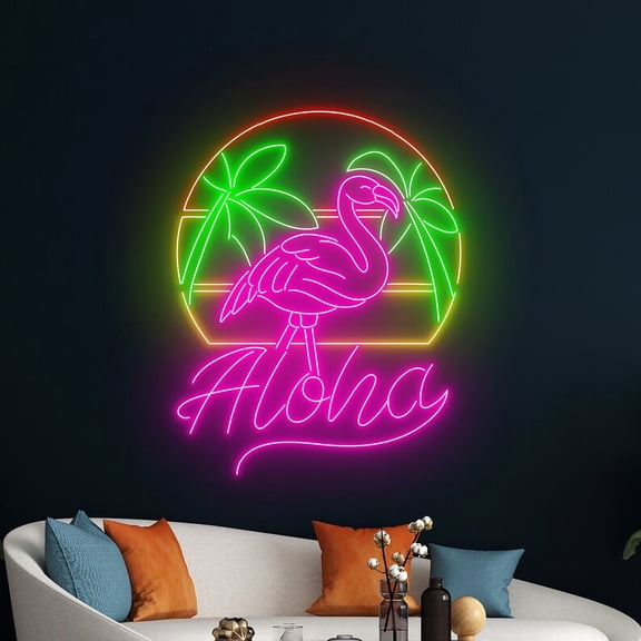 Handmadetneonsign Aloha Flamingo Wall Art, Summer Palm Tree Wall Decor, Flamingo Animal Wall Decor