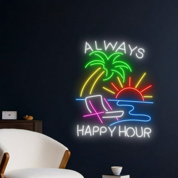 Handmadetneonsign Always Happy Hour Neon Sign, Tropical Island Neon Led Art Decor, Holiday Wall Decor