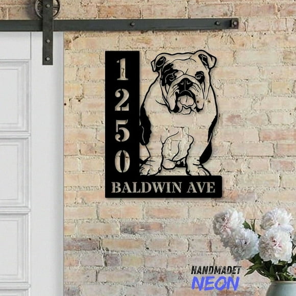 Handmadetneonsign American Bulldog House Number Metal, American Bulldog Home Number Metal Sign, Address Wall Decor 80550