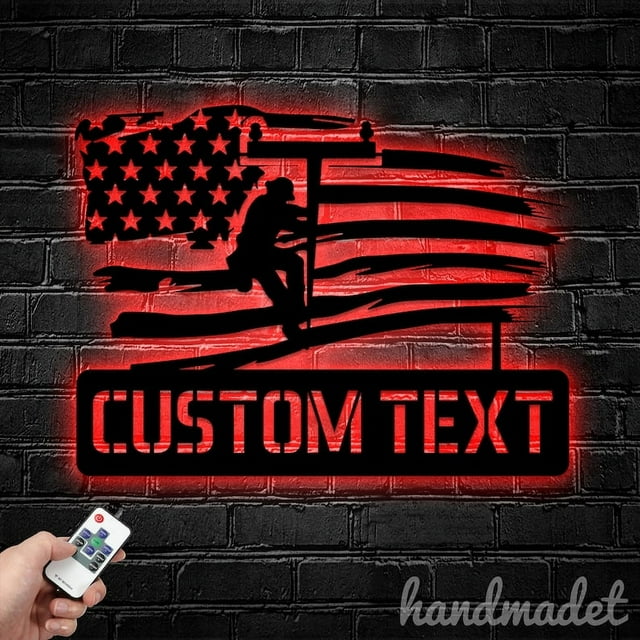 Handmadetneonsign American Flag Lineman Metal Wall Art LED Light, USA ...