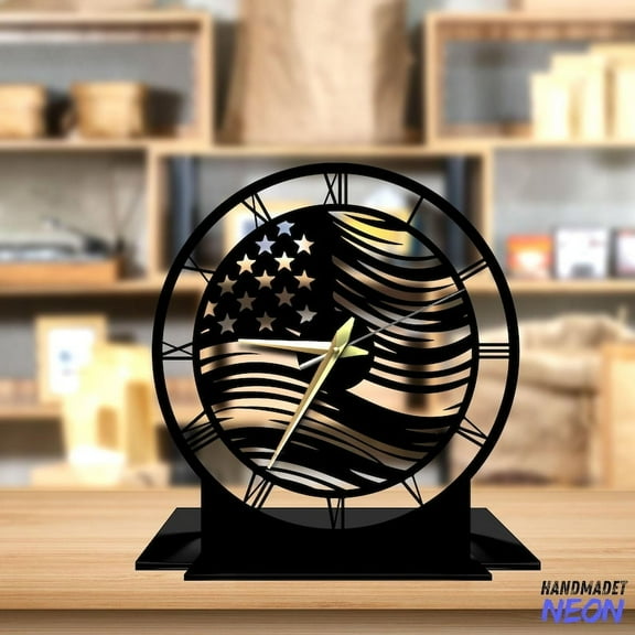 Handmadetneonsign American Flag Tabletop Metal Clock, US Flag Desktop Clock, Clock Home Decor 93284