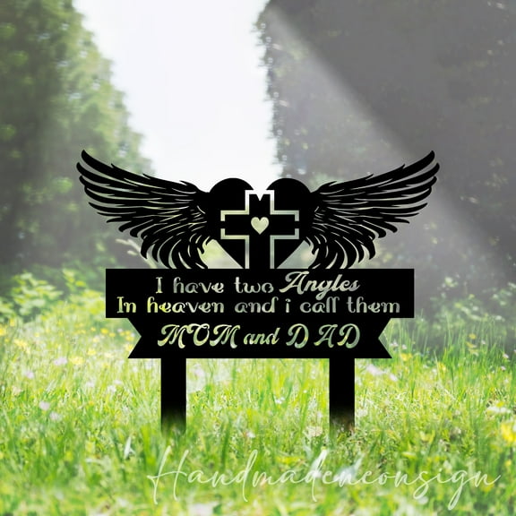 Handmadetneonsign Angel Wings Cross Mom Dad Memorial Metal With Stake, Grave Metal Garden Stake 65181