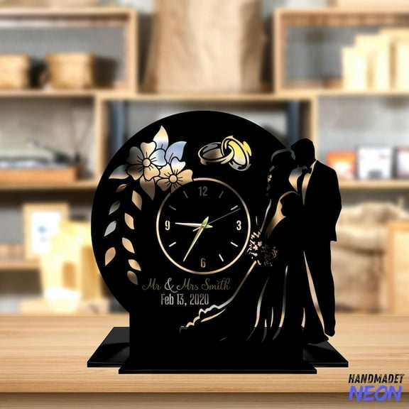 Handmadetneonsign Anniversary Gift for Him Her Tabletop Metal Clock, Family Name Sign Desktop Clock 93298