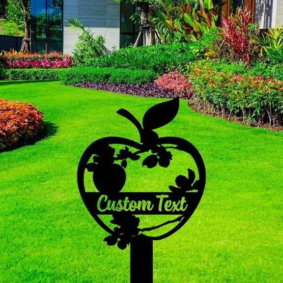 Handmadetneonsign Apple Garden Metal With Stake, Apple Metal Name Sign Stake, Apple Metal Stake Decor