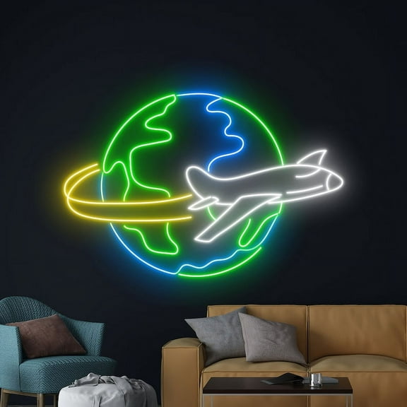 Handmadetneonsign Around The World Neon Sign, AirPlane Earth Neon Led Art Decor, AirPlane Wall Decor