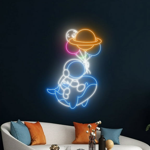 Handmadetneonsign Astronaut And Whale Floating With Planet Neon Sign, Astronaut Whale LED Light