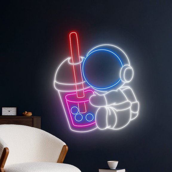 Handmadetneonsign Astronaut Drinking Boba Tea Neon Sign, Bubble Tea Wall Decor, Milk Tea Wall Decor