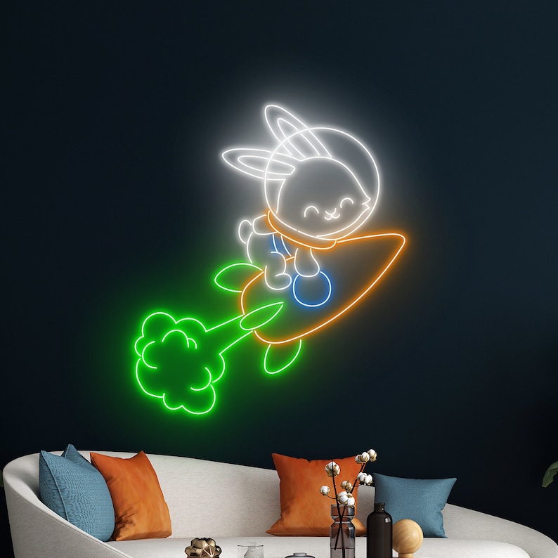 Handmadetneonsign Astronaut Rabbit Bunny Neon Sign, Carrot Rocket LED ...