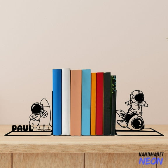 Handmadetneonsign Astronaut Riding Rocket Metal Bookends, Astronaut Name Bookend, Astronaut Table Bookshelf Decor 80233