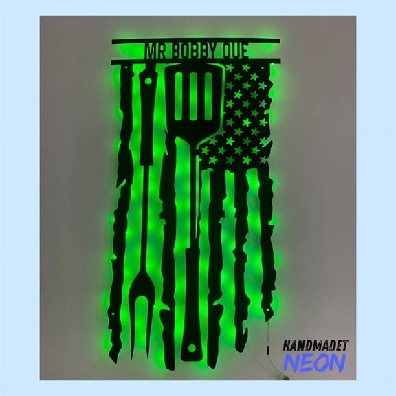 Handmadetneonsign BBQ US Flag Metal Sign, Barbecue Metal Light, Grill Wall Art, Home Wall Decor 047619