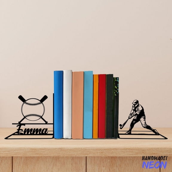 Handmadetneonsign Baseball Metal Bookends, Baseball Player Name Bookend, Sport Table Bookshelf Decor 045111