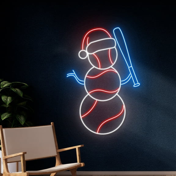 Handmadetneonsign Baseball Snowman Neon Sign, Snowman Base Ball Led Sign, Snow Man Softball Player