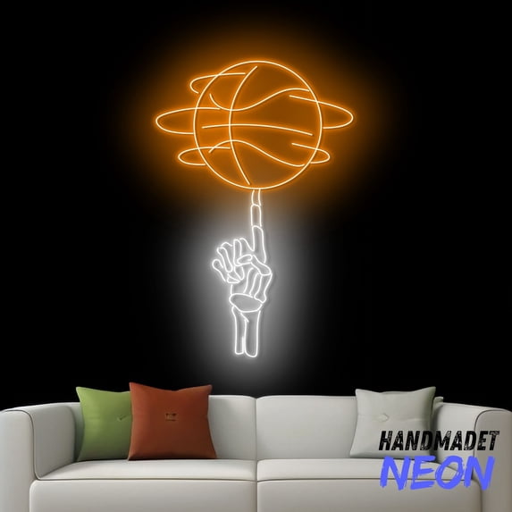 Handmadetneonsign Basketbball Neon Sign, Basketball Spinning On Skeleton Hand Wall Art Decor, Basketball Player Gift 79195