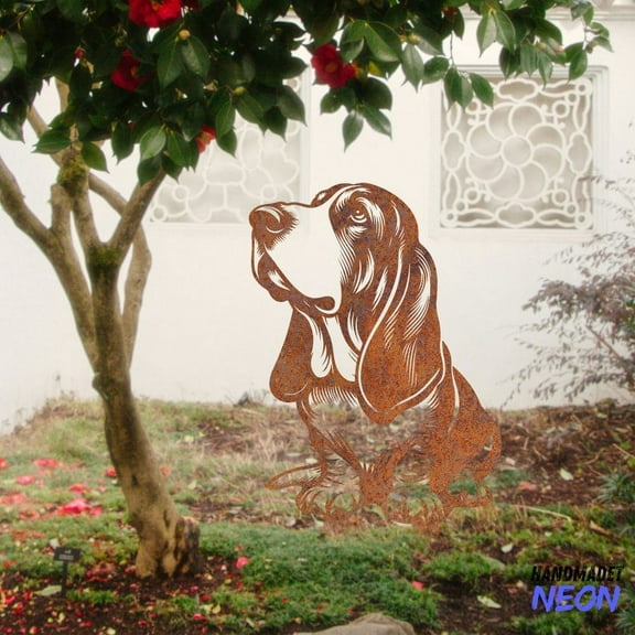 Handmadetneonsign Basset Hound Rusty Metal Stake, Dog Garden Stake, Dog Yard Outdoor Stake Decor 046751