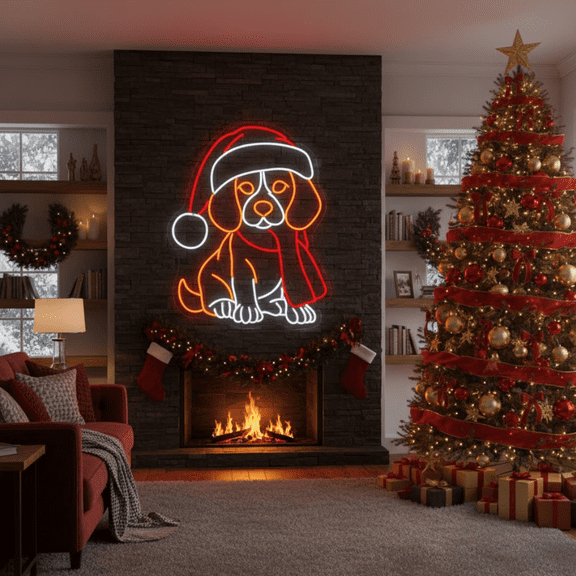 Handmadetneonsign Beagle Neon Sign, Santa Hat Neon Sign, Christian Gift For Pet Lover, Christmas Decor