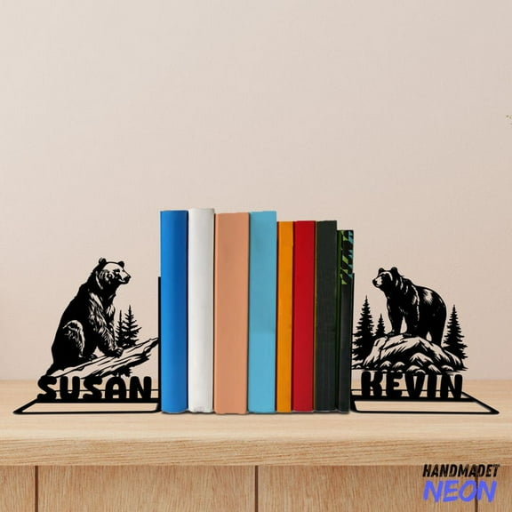 Handmadetneonsign Bear Metal Bookends, Bear Forest Name Bookend, Bear Table Bookshelf Decor 77832