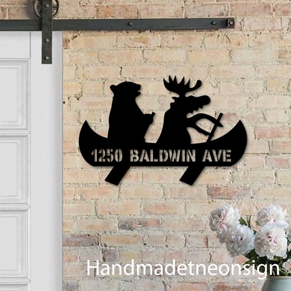 Handmadetneonsign Bear and Moose Canoe House Number, Bear Home Address Metal, House Address Sign 64501