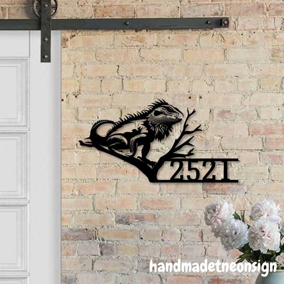 Handmadetneonsign Bearded Dragon Home Number Metal, Animal House Number Metal Decor, Address Wall Sign 041300