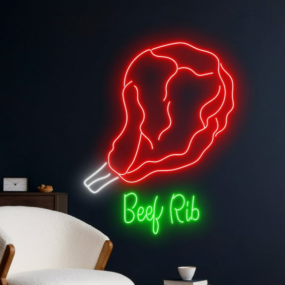 Handmadetneonsign Beef Ribs Neon Light, Beef Ribs Neon Sign, Meat Led Light, Grill BBQ Led Sign