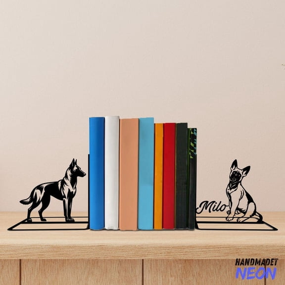 Handmadetneonsign Belgian Shepherd Metal Bookends, Dog Name Bookend, Dog Table Bookshelf Decor 046949