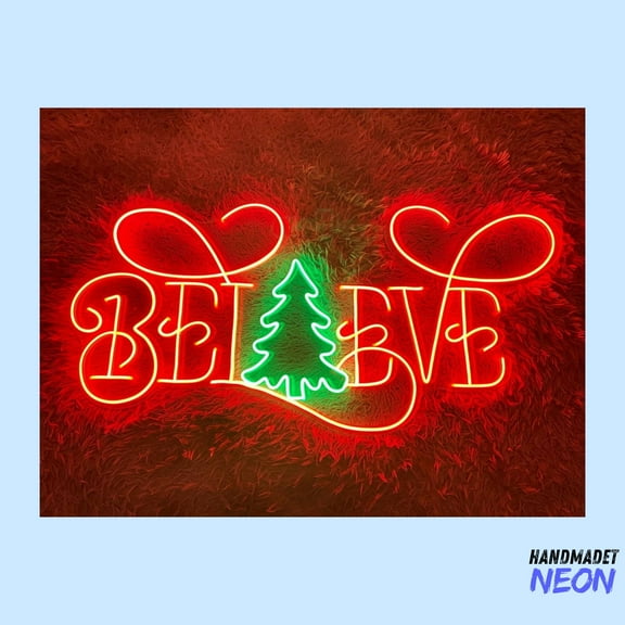 Handmadetneonsign Believe Neon Sign, Merry Christmas Wall Art Light, Holiday Season Home Wall Decor 73820
