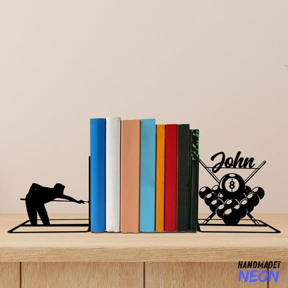 Handmadetneonsign Billiard Metal Bookends, Billiard Player Name Bookend, Table Bookshelf Decor 045120
