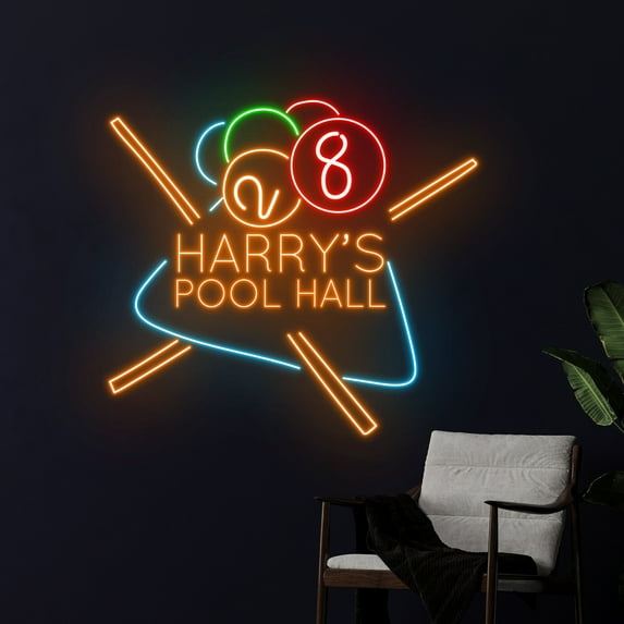 Handmadetneonsign Billiards Pool Hall Led Sign, Billiard Neon Sign, Billiards Neon Light, Ball Cue