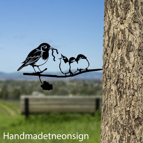 Handmadetneonsign Bird Robin On Branch Metal Tree Stake, Bird Robin Garden Tree Stake, Bird Metal Tree 68677