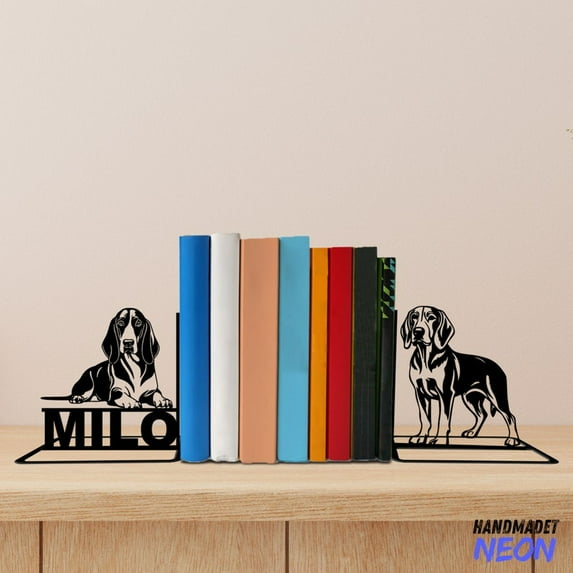 Handmadetneonsign Black And Tan Coonhound Dog Metal Bookends, Dog Name Bookend, Dog Table Bookshelf Decor 73294