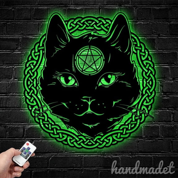 Handmadetneonsign Black Cat With Pagan Symbols Metal Wall Art LED Light, Cat Pentagram Metal Sign