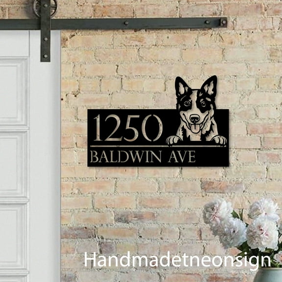 Handmadetneonsign Blue Heeler Peeking Dog House Number, Pet Home Address Metal, House Address Sign 67422