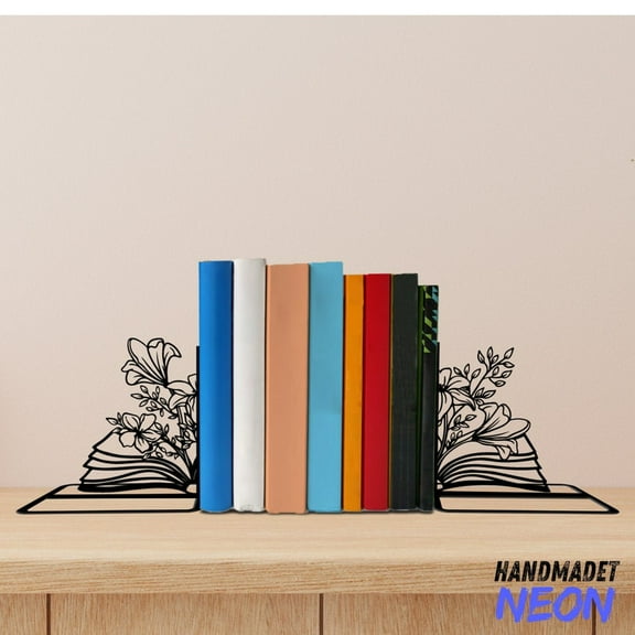 Handmadetneonsign Book Flower Metal Bookends, Floral Book Name Bookend, Table Bookshelf Decor 044151