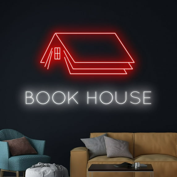 Handmadetneonsign Book House Neon Sign, Book Store Wall Art Decor, Book Lover Bookworm Wall Decor