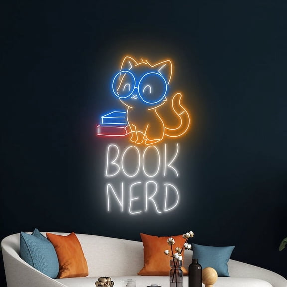Handmadetneonsign Book Nerd Neon Sign, Cat Reading Book Wall Decor, Cat Nerd Wall Decor