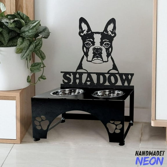 Handmadetneonsign Boston Terrier Dog Metal Bowl Holder, Boston Terrier Dog Food Bowl Stand 97491
