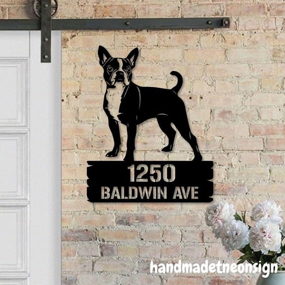Handmadetneonsign Boston Terrier House Number Metal, Dog Home Number Sign, Dog Address Wall Sign 041071
