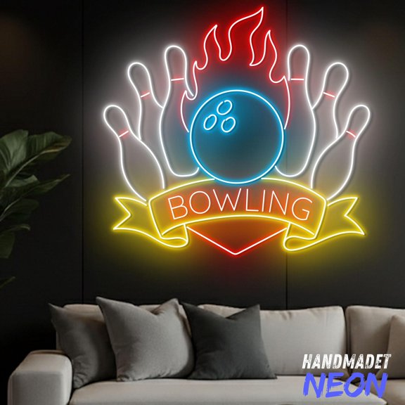 Handmadetneonsign Bowling Neon Sign, LED Light-Up Wall Art for Game Room, Man Cave Decor