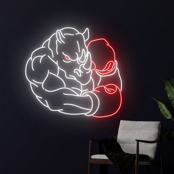 Handmadetneonsign Boxing Rhinoceros Neon Sign, Boxing Rhino Led Sign, Boxer Rhinoceros Led Light