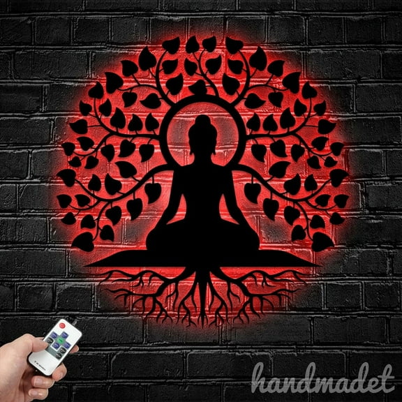 Handmadetneonsign Buddha Tree Of Life Metal Wall Art LED Light, Buddhist Yoga Metal Sign Home Decor