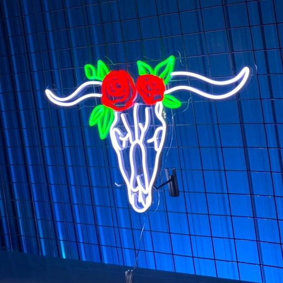 Handmadetneonsign Bull Head Neon Sign, Bull Head With Flower Wall Art Decor, Western Hotel Pub Cafe Wall Decor