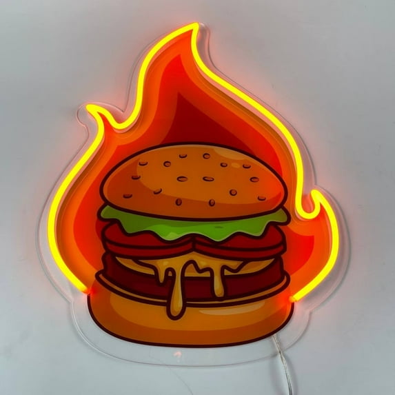 Handmadetneonsign Burger Decal Printed Neon Light, Fire Burger Acrylic Led Sign, Burning Burger