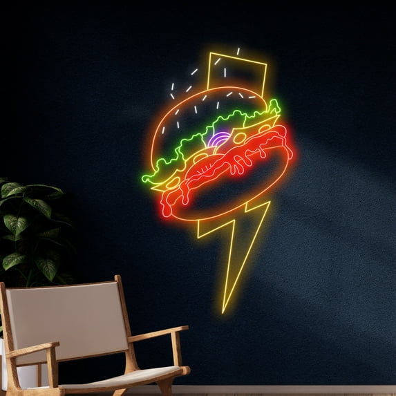 Handmadetneonsign Burger Lighting Bolt Neon Sign, Burger Light Bolt Neon Light, Burger Thunder Led