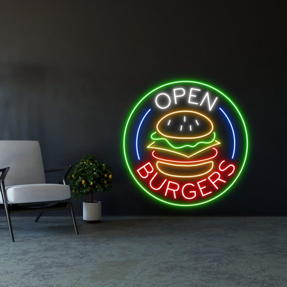 Handmadetneonsign Burger Shop Led Sign, Burgers Open Led Lights, Open Burgers Neon Sign