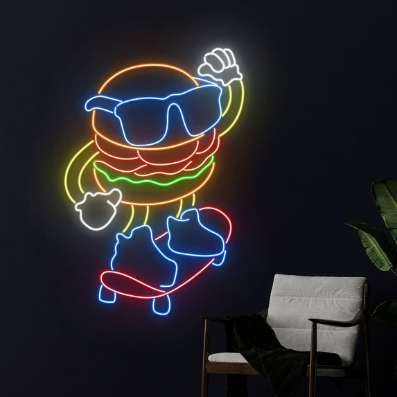 Handmadetneonsign Burger Skateboarding Neon Sign, Skateboard Burger Led Sign, Burger Skateboarder